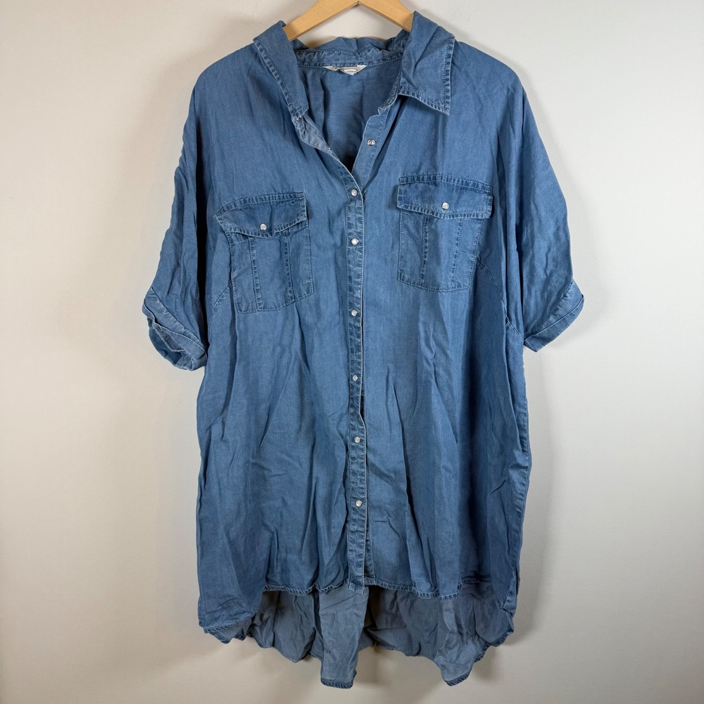 Cato Button Up Chambray T-Shirt Dress Tunic Size 26/28W High Low Hem Minimalist